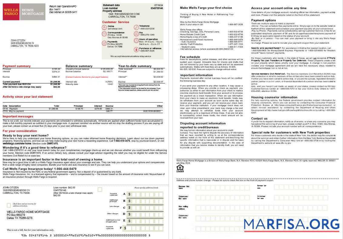 Blank USA Texas Wells Fargo bank mortgage statement, 2 pages scr download for verification